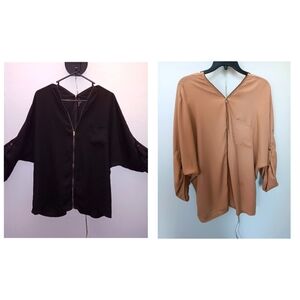 LOT of 2: Women's 3/4 Sleeve Shirt/Blouse - Beige & Black, brass zipper, size 1X